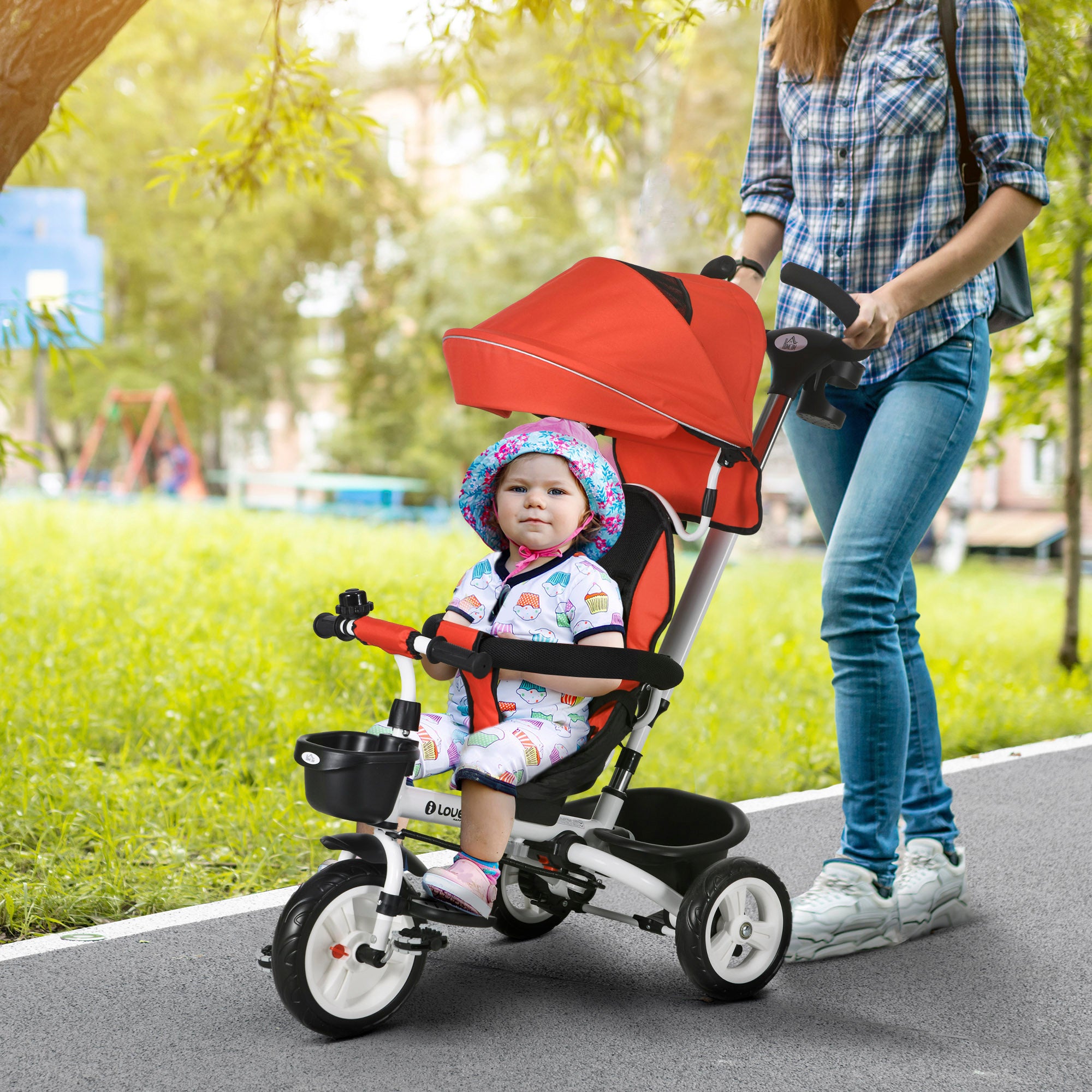 Foldable Evolutive Tricycle for Babies 2 in 1 for Children 12-60 Months with Foldable Canopy Telescopic Push Handle Footrest Safety Belt and Baskets Red
