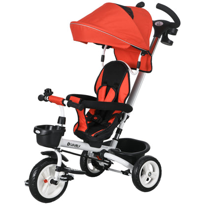 Foldable Evolutive Tricycle for Babies 2 in 1 for Children 12-60 Months with Foldable Canopy Telescopic Push Handle Footrest Safety Belt and Baskets Red