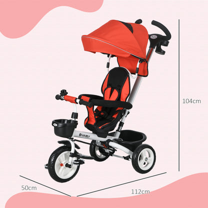 Foldable Evolutive Tricycle for Babies 2 in 1 for Children 12-60 Months with Foldable Canopy Telescopic Push Handle Footrest Safety Belt and Baskets Red