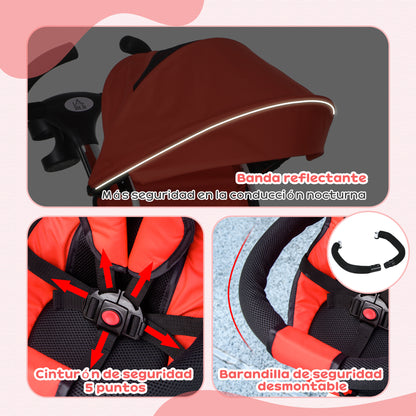 Foldable Evolutive Tricycle for Babies 2 in 1 for Children 12-60 Months with Foldable Canopy Telescopic Push Handle Footrest Safety Belt and Baskets Red