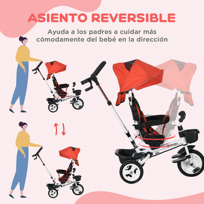 Foldable Evolutive Tricycle for Babies 2 in 1 for Children 12-60 Months with Foldable Canopy Telescopic Push Handle Footrest Safety Belt and Baskets Red
