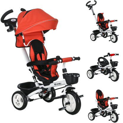 Foldable Evolutive Tricycle for Babies 2 in 1 for Children 12-60 Months with Foldable Canopy Telescopic Push Handle Footrest Safety Belt and Baskets Red