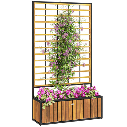 Planter with Trellis, Raised Garden Bed, Outdoor Flower Box with Drainage Holes, Teak Acacia Wood and Steel for Balcony Patio, 74 x 27 x 131 cm