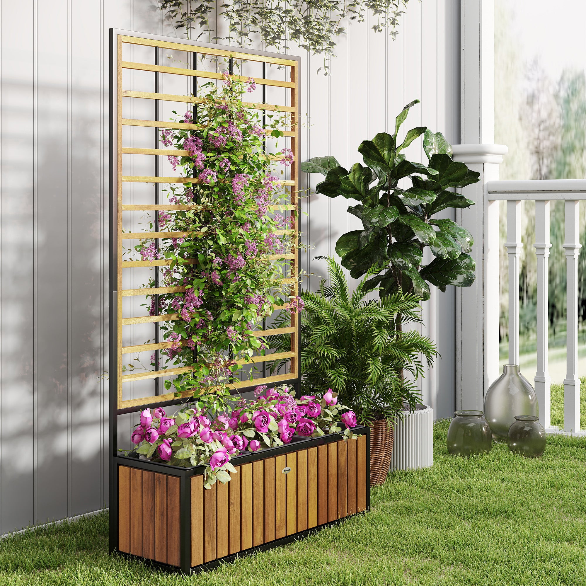 Planter with Trellis, Raised Garden Bed, Outdoor Flower Box with Drainage Holes, Teak Acacia Wood and Steel for Balcony Patio, 74 x 27 x 131 cm
