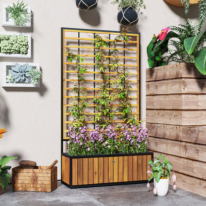 Planter with Trellis, Raised Garden Bed, Outdoor Flower Box with Drainage Holes, Teak Acacia Wood and Steel for Balcony Patio, 74 x 27 x 131 cm
