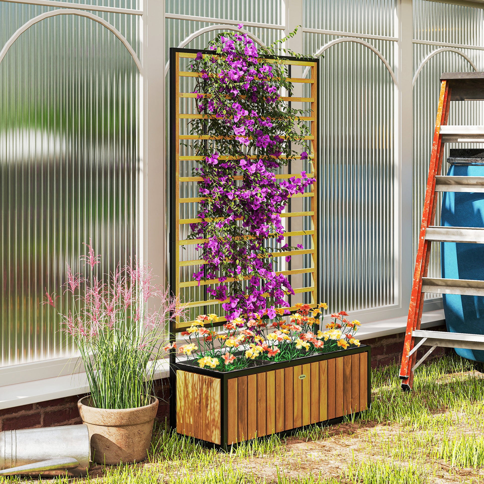 Planter with Trellis, Raised Garden Bed, Outdoor Flower Box with Drainage Holes, Teak Acacia Wood and Steel for Balcony Patio, 74 x 27 x 131 cm