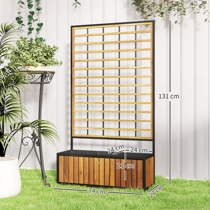 Planter with Trellis, Raised Garden Bed, Outdoor Flower Box with Drainage Holes, Teak Acacia Wood and Steel for Balcony Patio, 74 x 27 x 131 cm