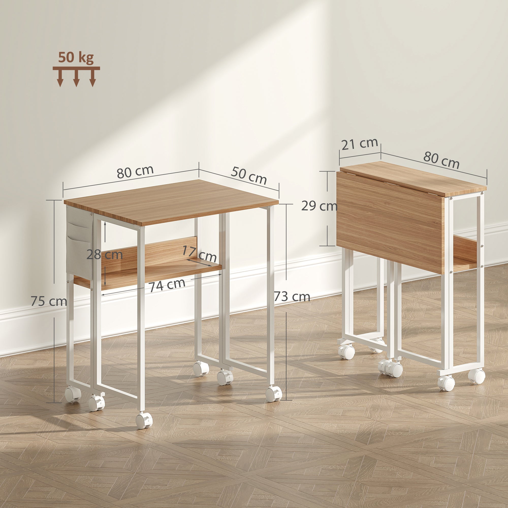 Folding Desk with Wheels and Shelf Compact Desk with Storage Pocket Laptop Computer Desk for Small Spaces Home Office 80x50x75 cm Natural