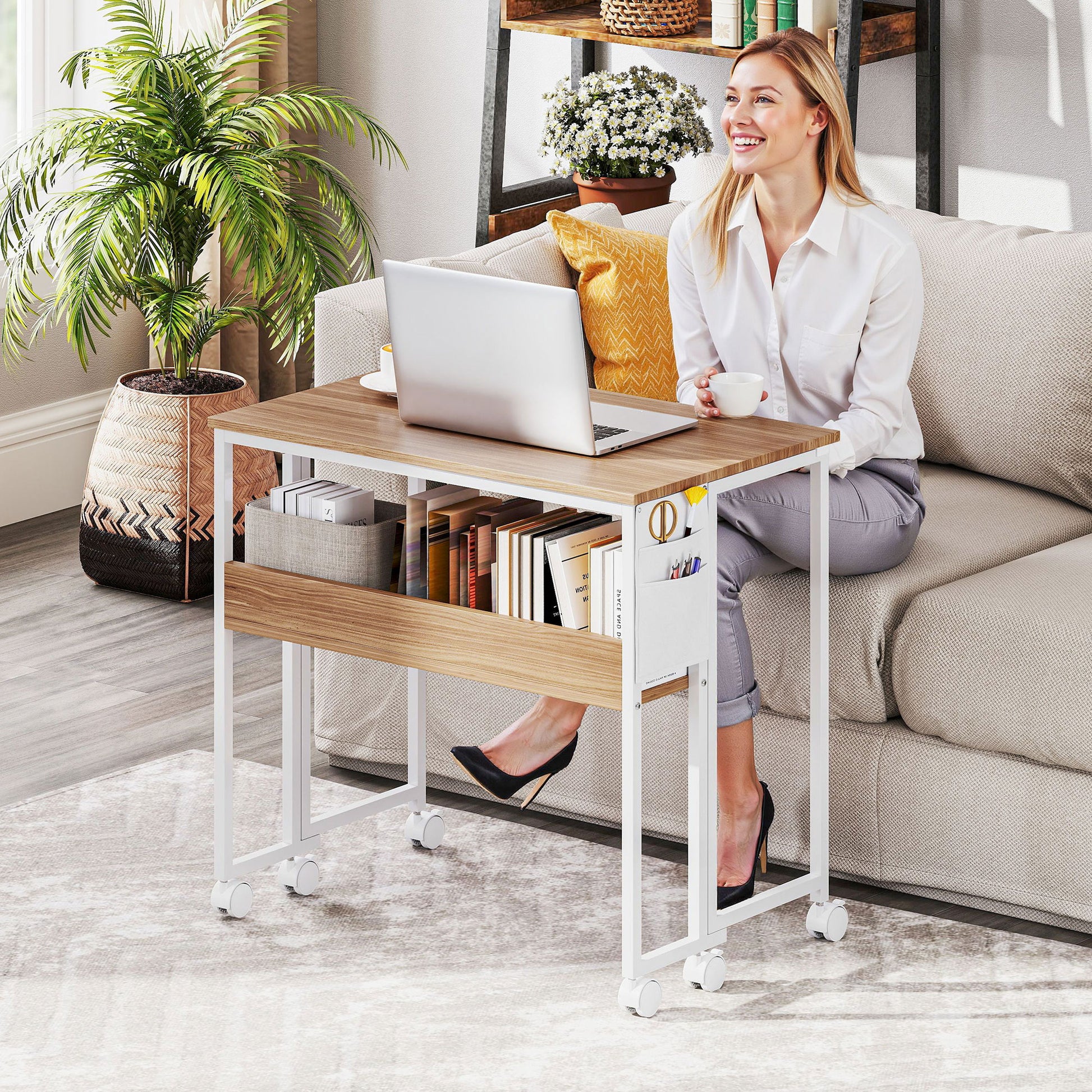 Folding Desk with Wheels and Shelf Compact Desk with Storage Pocket Laptop Computer Desk for Small Spaces Home Office 80x50x75 cm Natural
