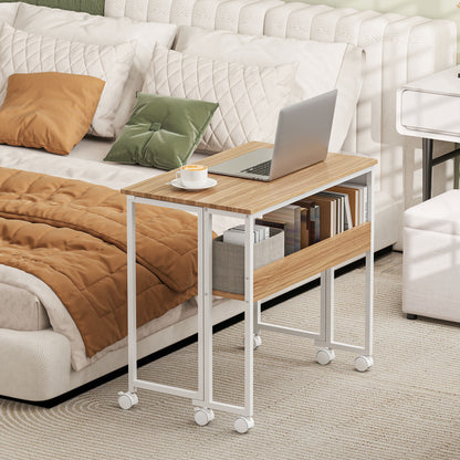 Folding Desk with Wheels and Shelf Compact Desk with Storage Pocket Laptop Computer Desk for Small Spaces Home Office 80x50x75 cm Natural