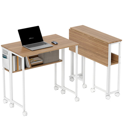Folding Desk with Wheels and Shelf Compact Desk with Storage Pocket Laptop Computer Desk for Small Spaces Home Office 80x50x75 cm Natural