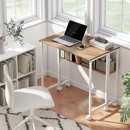 Folding Desk with Wheels and Shelf Compact Desk with Storage Pocket Laptop Computer Desk for Small Spaces Home Office 80x50x75 cm Natural