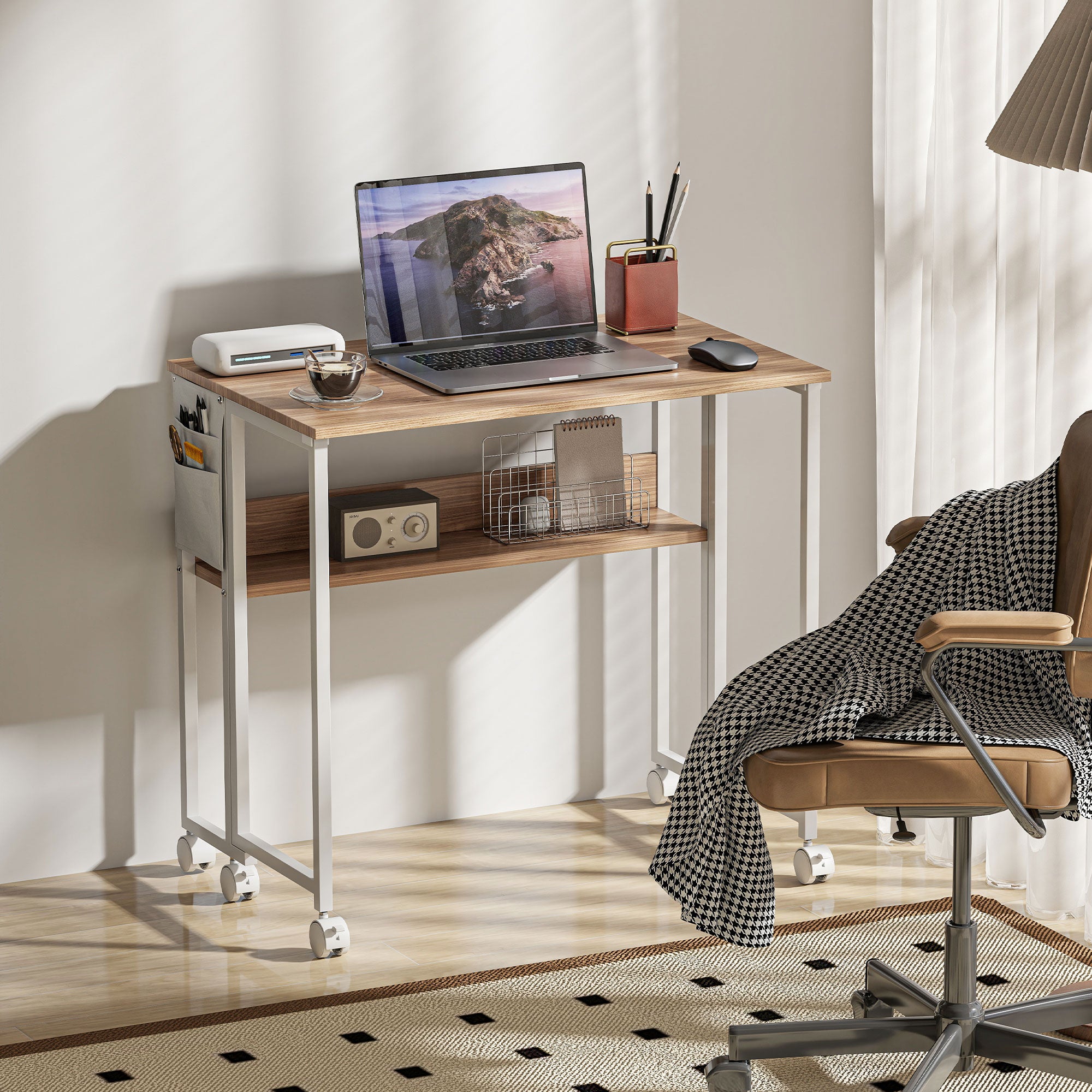 Folding Desk with Wheels and Shelf Compact Desk with Storage Pocket Laptop Computer Desk for Small Spaces Home Office 80x50x75 cm Natural