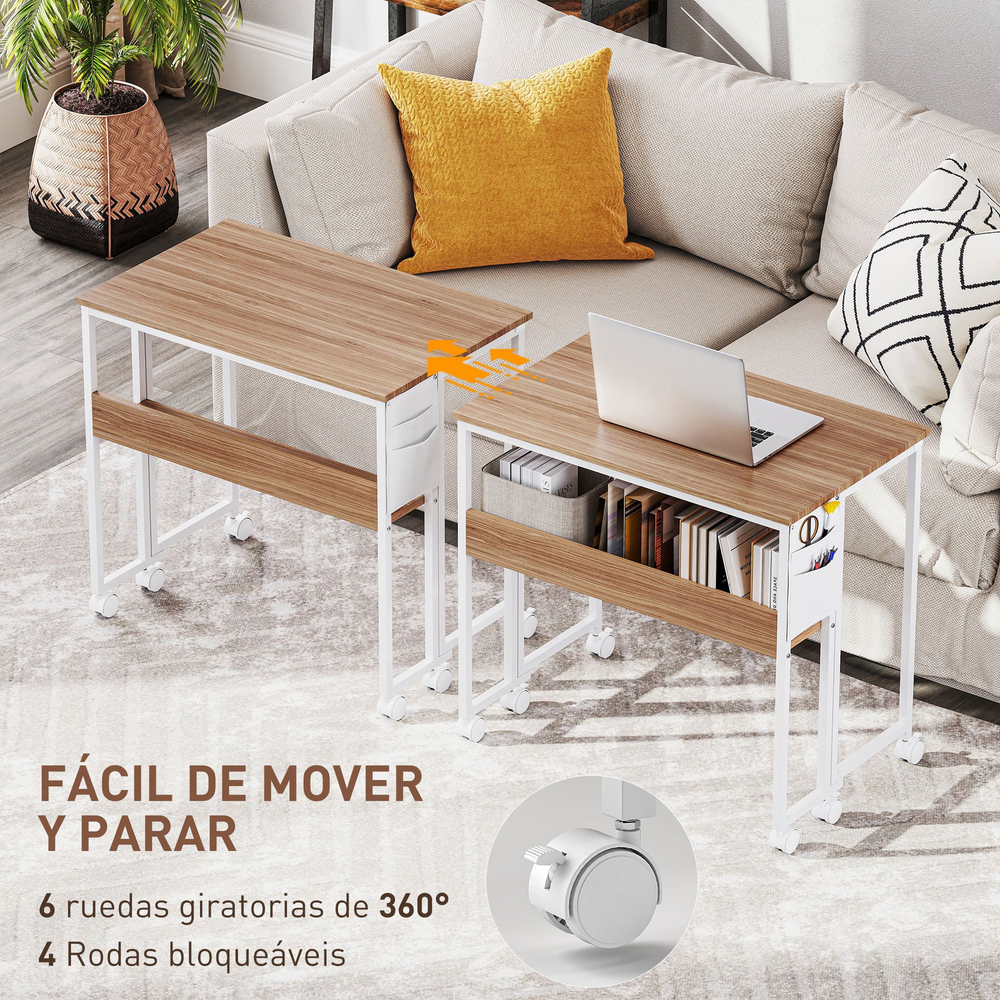 Folding Desk with Wheels and Shelf Compact Desk with Storage Pocket Laptop Computer Desk for Small Spaces Home Office 80x50x75 cm Natural