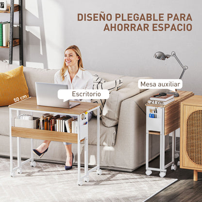 Folding Desk with Wheels and Shelf Compact Desk with Storage Pocket Laptop Computer Desk for Small Spaces Home Office 80x50x75 cm Natural