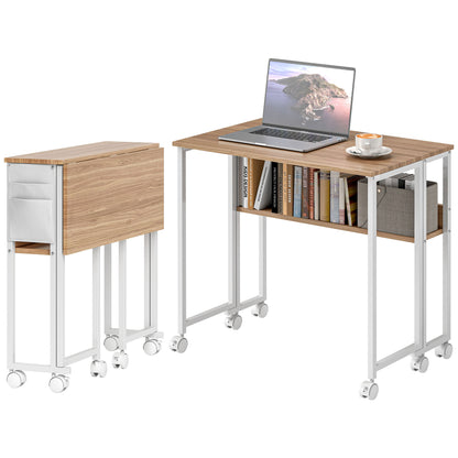 Folding Desk with Wheels and Shelf Compact Desk with Storage Pocket Laptop Computer Desk for Small Spaces Home Office 80x50x75 cm Natural