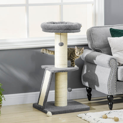 Cat Tree 92H cm Climbing Tree with Scratching Board and Playball Cat Toy Thick Sisal Column Cat Furniture with Ramp Faux Lambskin Dark Gray + Cream White