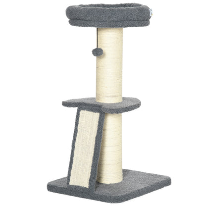 Cat Tree 92H cm Climbing Tree with Scratching Board and Playball Cat Toy Thick Sisal Column Cat Furniture with Ramp Faux Lambskin Dark Gray + Cream White