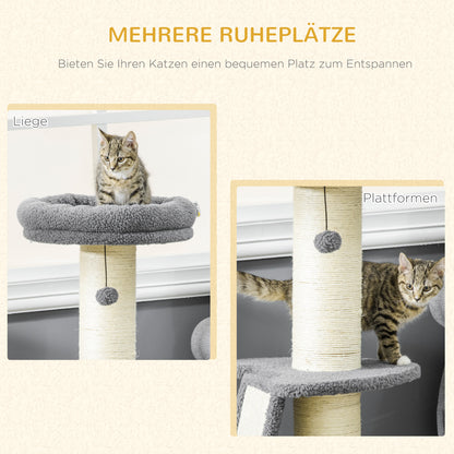 Cat Tree 92H cm Climbing Tree with Scratching Board and Playball Cat Toy Thick Sisal Column Cat Furniture with Ramp Faux Lambskin Dark Gray + Cream White