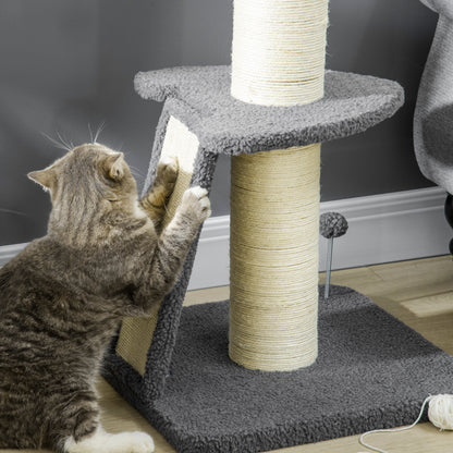 Cat Tree 92H cm Climbing Tree with Scratching Board and Playball Cat Toy Thick Sisal Column Cat Furniture with Ramp Faux Lambskin Dark Gray + Cream White