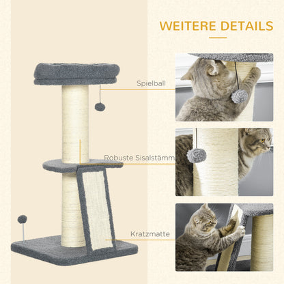 Cat Tree 92H cm Climbing Tree with Scratching Board and Playball Cat Toy Thick Sisal Column Cat Furniture with Ramp Faux Lambskin Dark Gray + Cream White