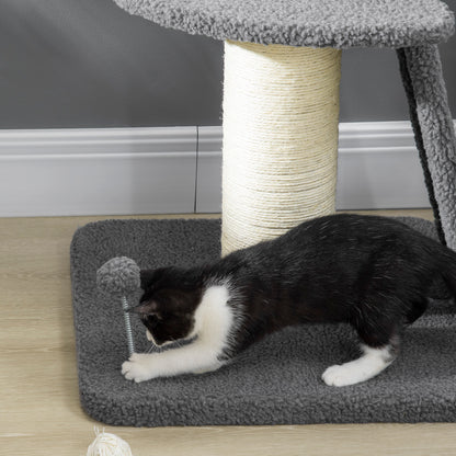 Cat Tree 92H cm Climbing Tree with Scratching Board and Playball Cat Toy Thick Sisal Column Cat Furniture with Ramp Faux Lambskin Dark Gray + Cream White