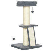 Cat Tree 92H cm Climbing Tree with Scratching Board and Playball Cat Toy Thick Sisal Column Cat Furniture with Ramp Faux Lambskin Dark Gray + Cream White