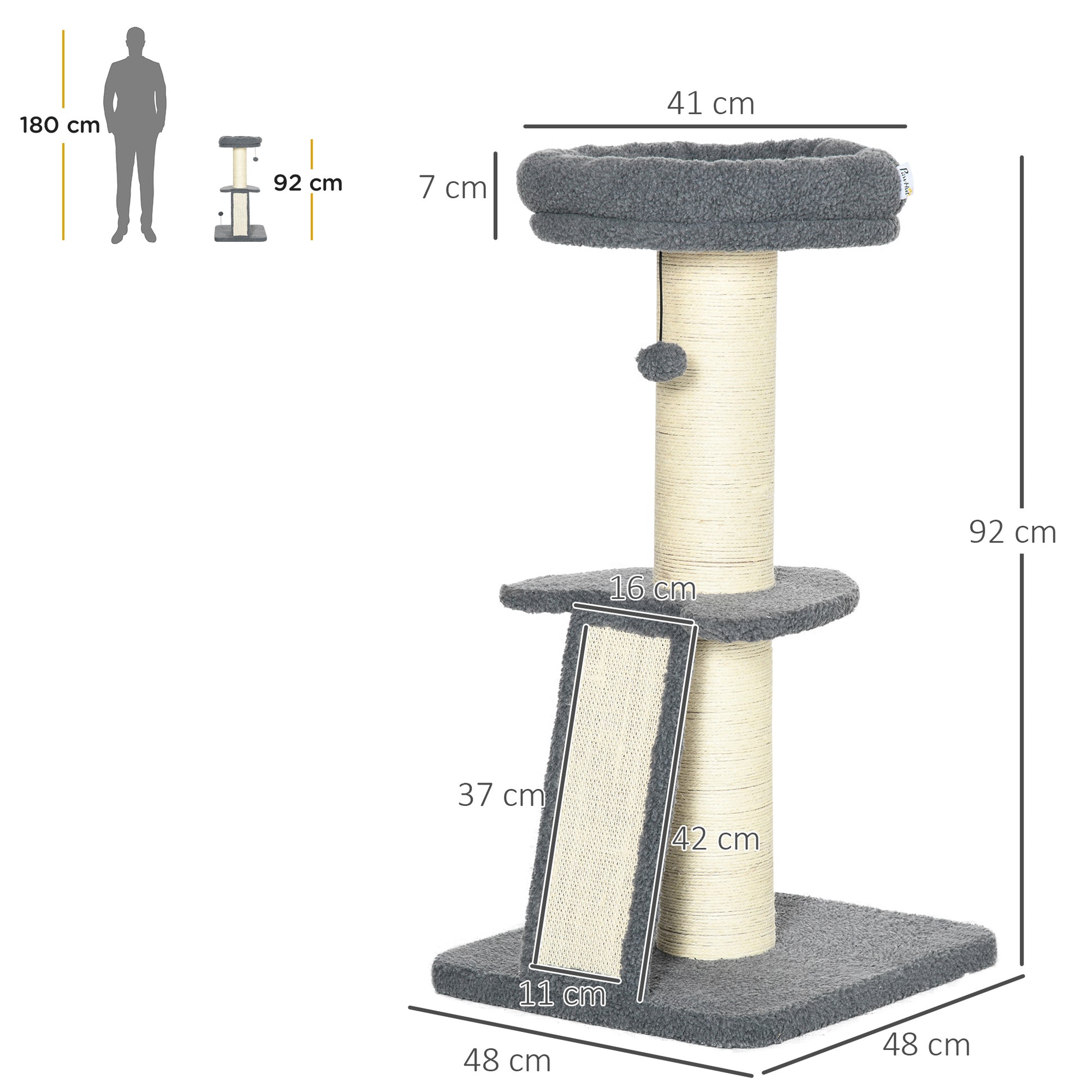 Cat Tree 92H cm Climbing Tree with Scratching Board and Playball Cat Toy Thick Sisal Column Cat Furniture with Ramp Faux Lambskin Dark Gray + Cream White
