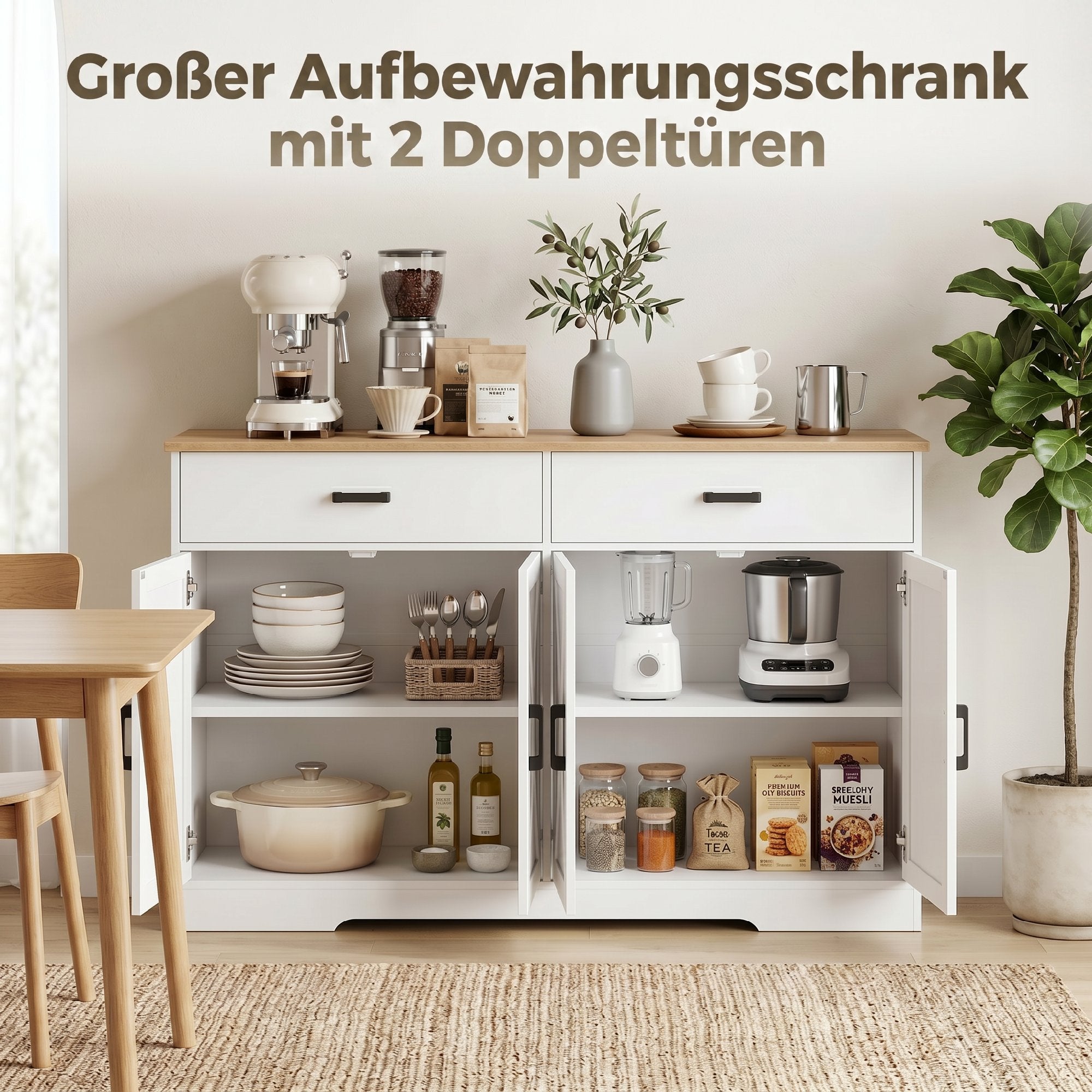 Sideboard Buffet Cabinet, 55.1 in Farmhouse Kitchen Cabinet with 2 Drawers & 2 Cabinets, Coffee Bar with Sliding/Barn-Style Doors and Adjustable Shelves, White