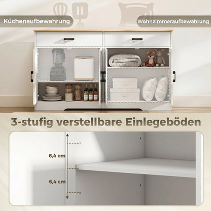 Sideboard Buffet Cabinet, 55.1 in Farmhouse Kitchen Cabinet with 2 Drawers & 2 Cabinets, Coffee Bar with Sliding/Barn-Style Doors and Adjustable Shelves, White