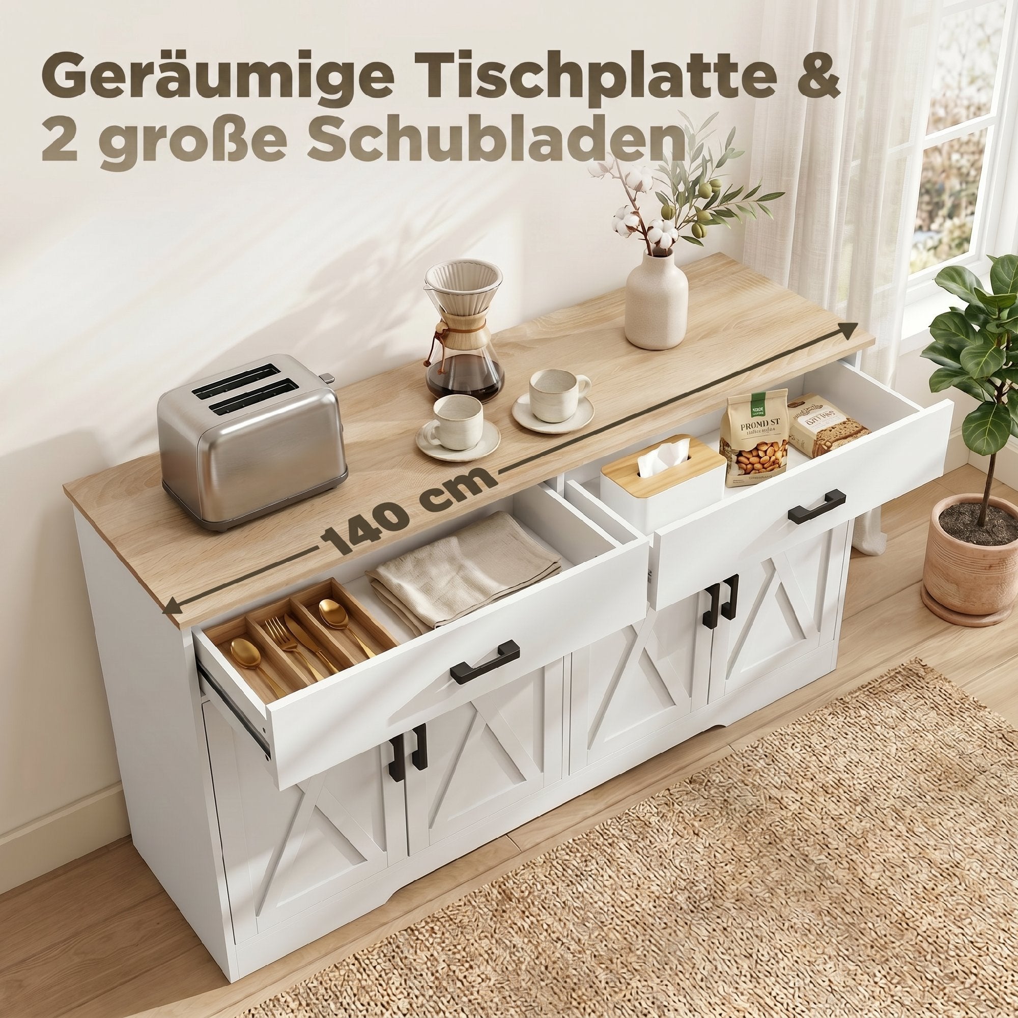 Sideboard Buffet Cabinet, 55.1 in Farmhouse Kitchen Cabinet with 2 Drawers & 2 Cabinets, Coffee Bar with Sliding/Barn-Style Doors and Adjustable Shelves, White