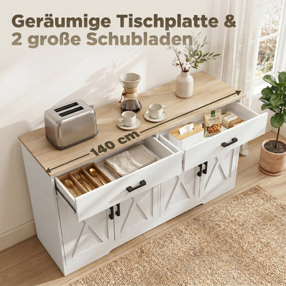 Sideboard Buffet Cabinet, 55.1 in Farmhouse Kitchen Cabinet with 2 Drawers & 2 Cabinets, Coffee Bar with Sliding/Barn-Style Doors and Adjustable Shelves, White