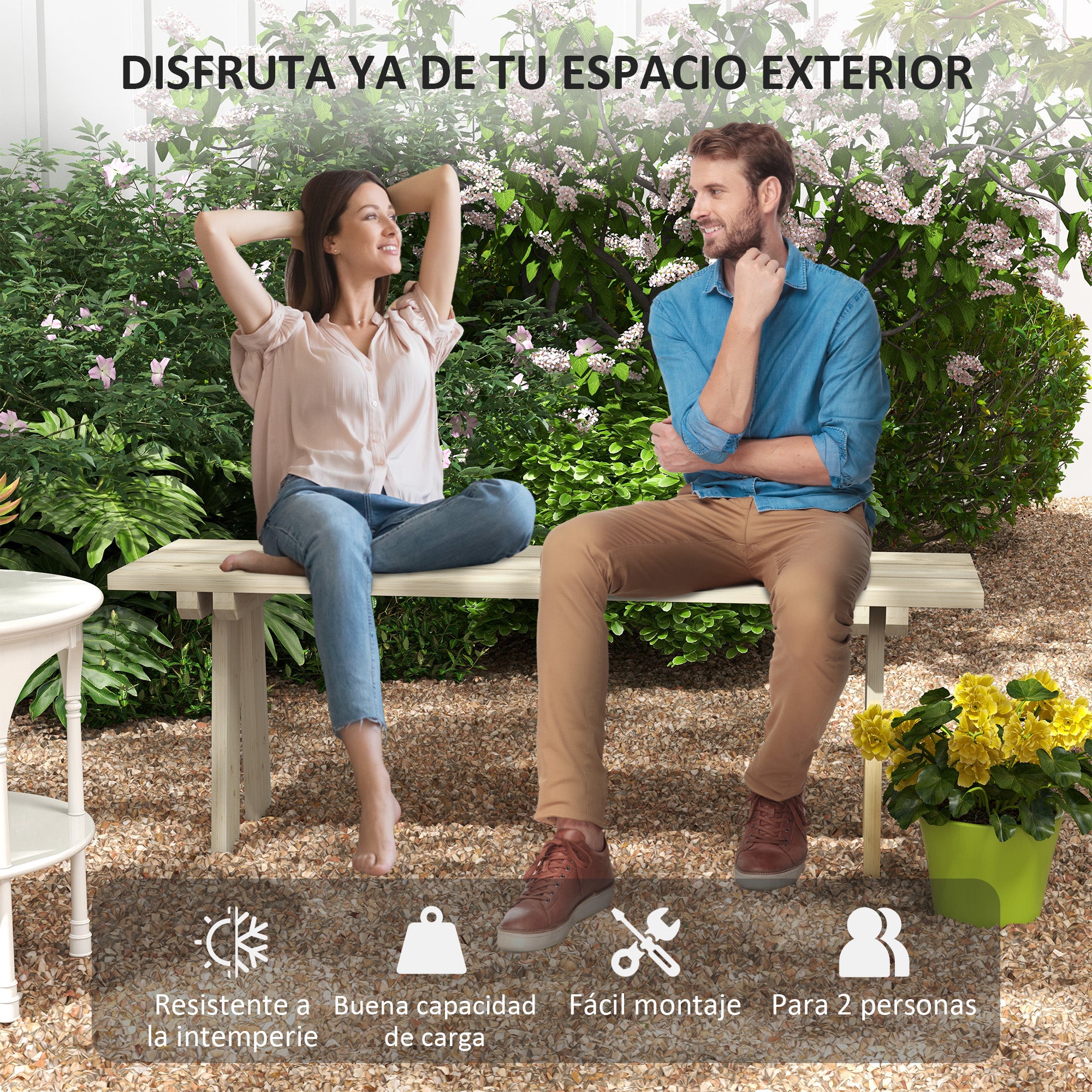 2-Seater Wooden Garden Bench 220 kg Load Outdoor Bench for Patio Terrace Pool 130x38x45 cm Natural
