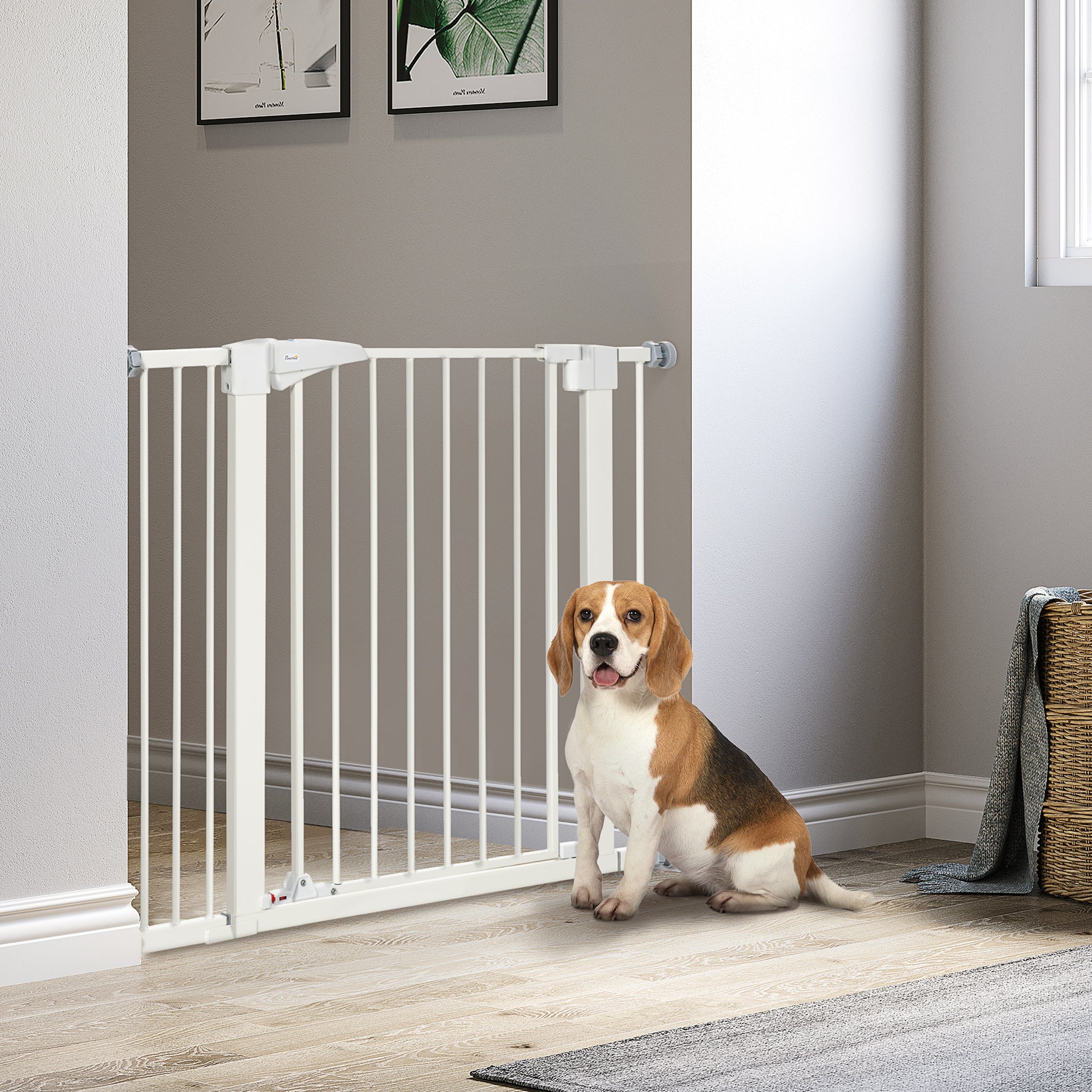 Safety Barrier for Dogs No Drill Pets with Automatic Closing Double Locking One-Hand Operation Width 76-103 cm Height 77 cm White