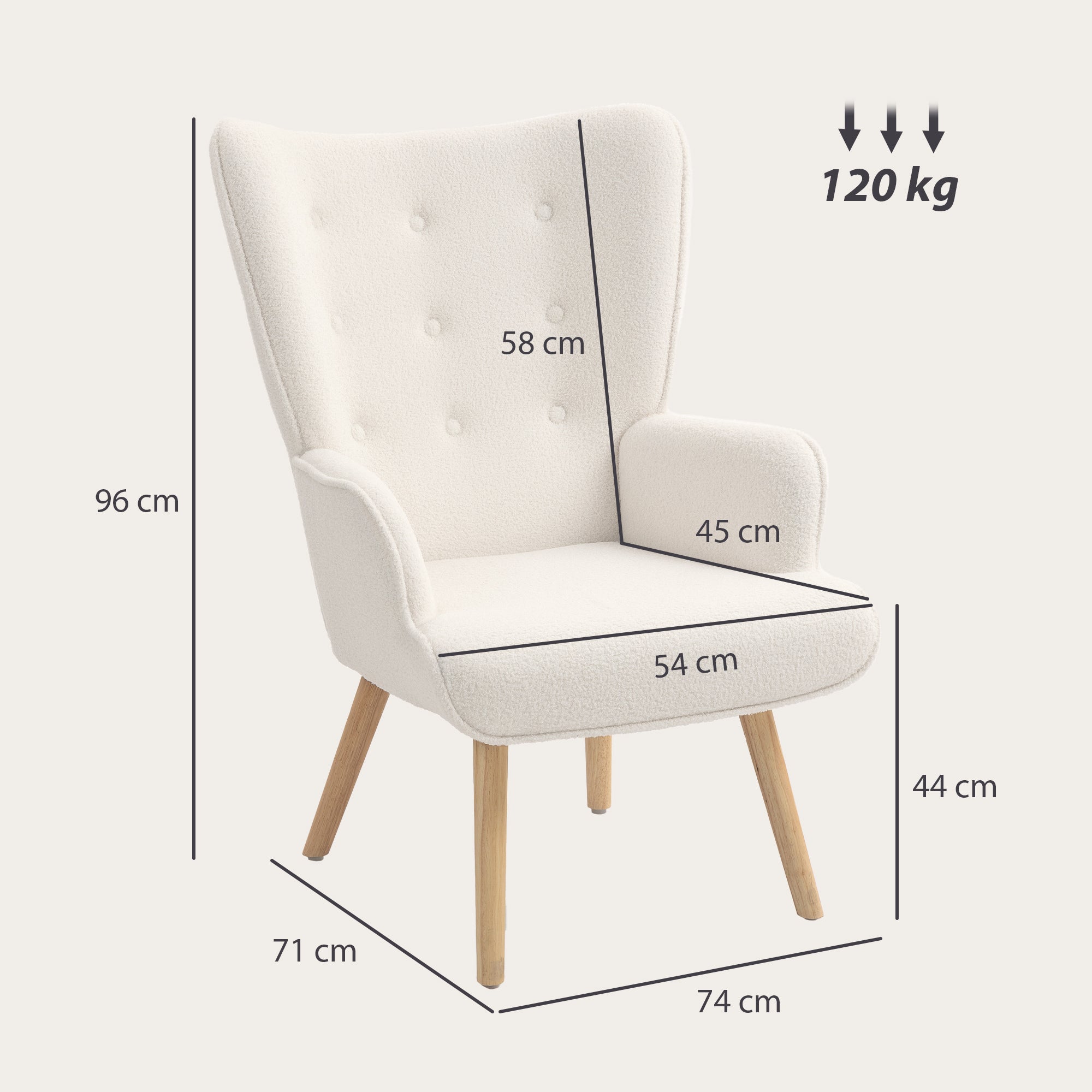Boucle Fabric Lounge Chair, Modern Upholstered Armchair with Wooden Legs, Ergonomic Wingback and Button Tufted Design, for Dining Room, Living Room, Bedroom, Office, Beige