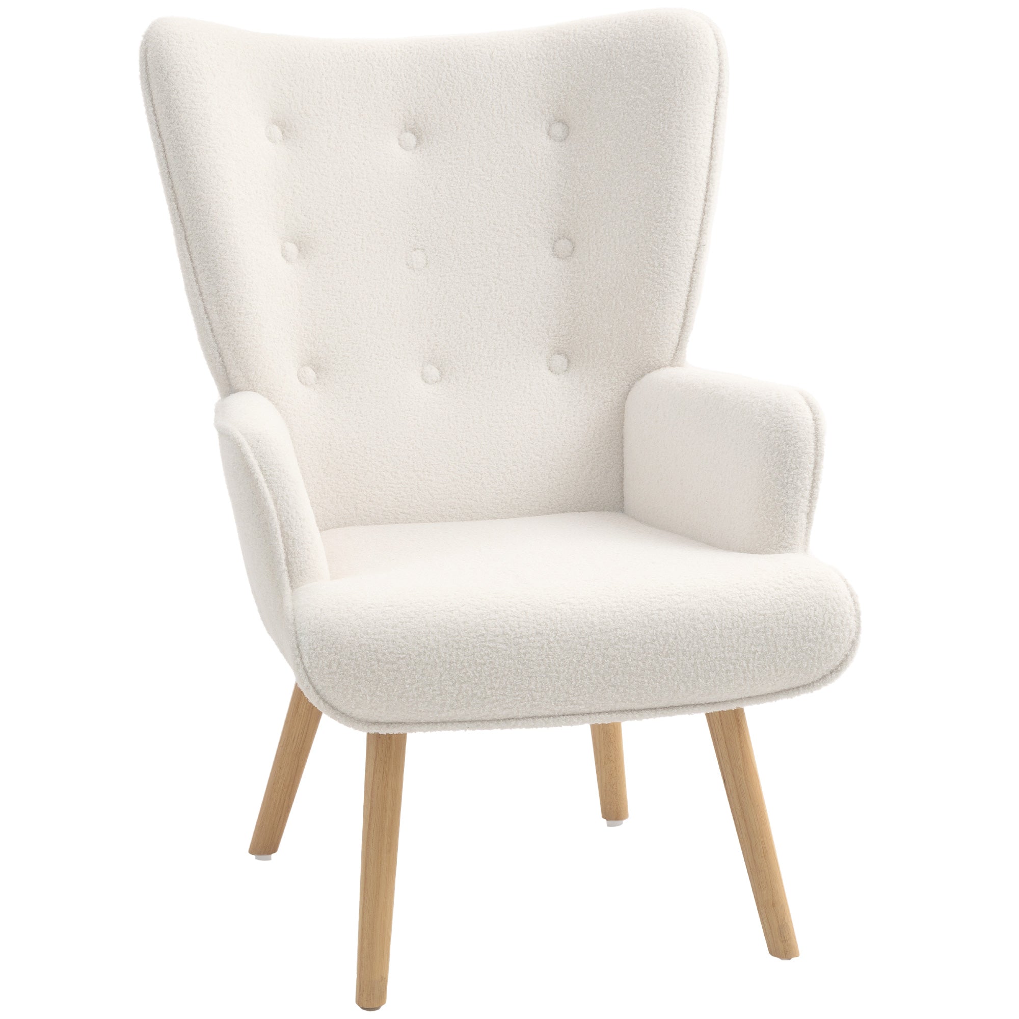 Boucle Fabric Lounge Chair, Modern Upholstered Armchair with Wooden Legs, Ergonomic Wingback and Button Tufted Design, for Dining Room, Living Room, Bedroom, Office, Beige