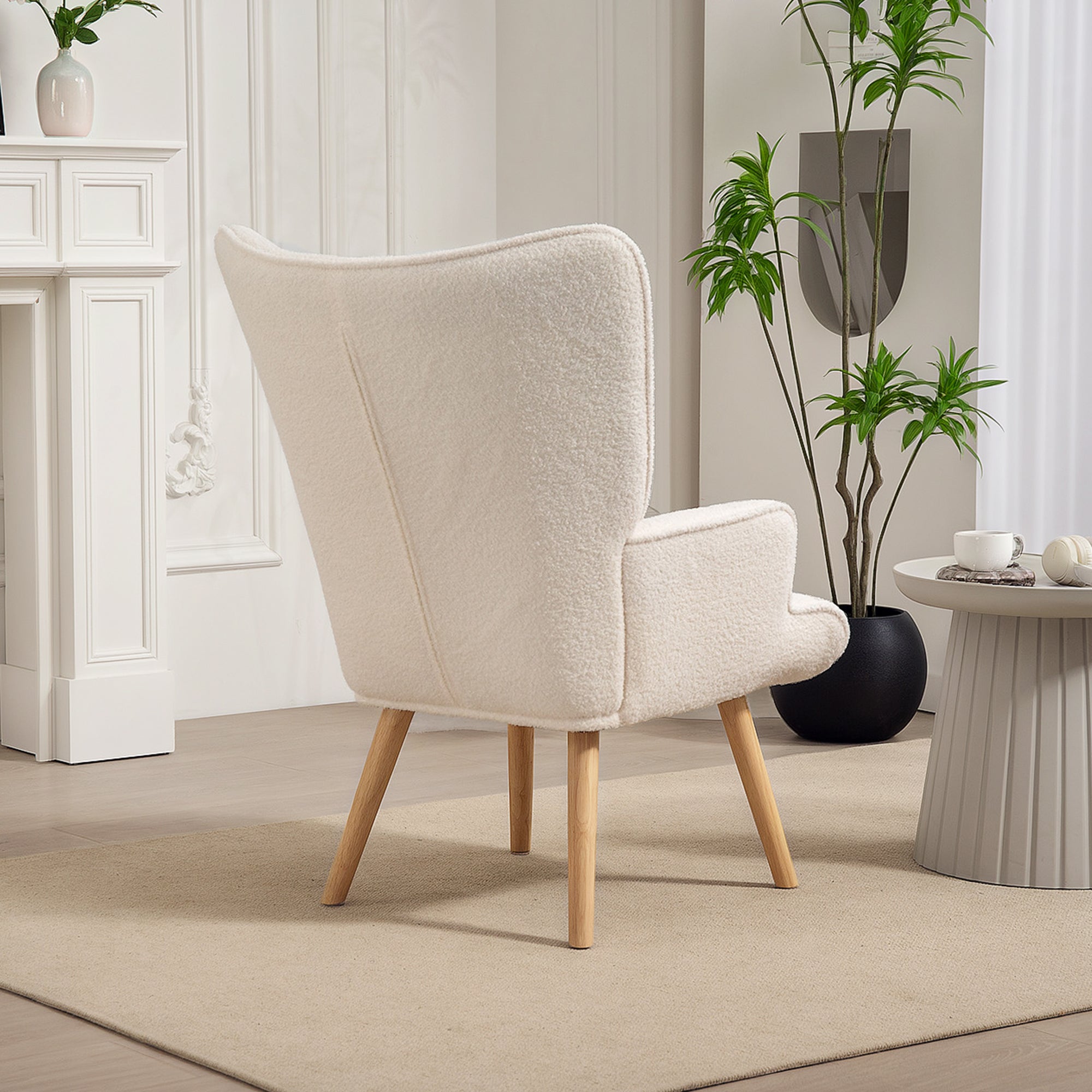 Boucle Fabric Lounge Chair, Modern Upholstered Armchair with Wooden Legs, Ergonomic Wingback and Button Tufted Design, for Dining Room, Living Room, Bedroom, Office, Beige