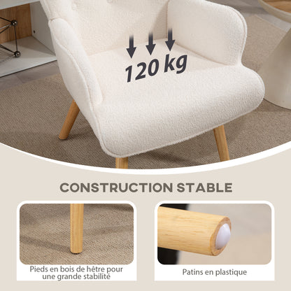 Boucle Fabric Lounge Chair, Modern Upholstered Armchair with Wooden Legs, Ergonomic Wingback and Button Tufted Design, for Dining Room, Living Room, Bedroom, Office, Beige