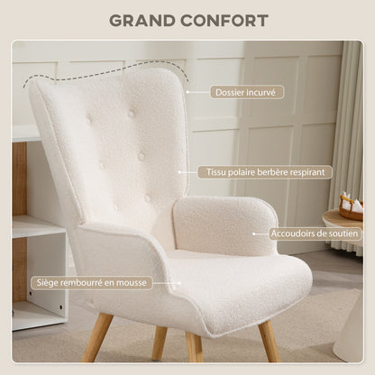 Boucle Fabric Lounge Chair, Modern Upholstered Armchair with Wooden Legs, Ergonomic Wingback and Button Tufted Design, for Dining Room, Living Room, Bedroom, Office, Beige
