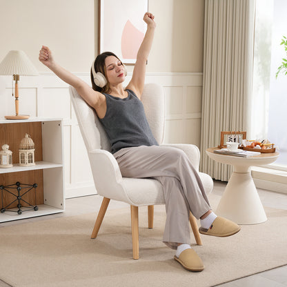 Boucle Fabric Lounge Chair, Modern Upholstered Armchair with Wooden Legs, Ergonomic Wingback and Button Tufted Design, for Dining Room, Living Room, Bedroom, Office, Beige