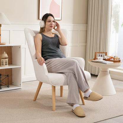 Boucle Fabric Lounge Chair, Modern Upholstered Armchair with Wooden Legs, Ergonomic Wingback and Button Tufted Design, for Dining Room, Living Room, Bedroom, Office, Beige