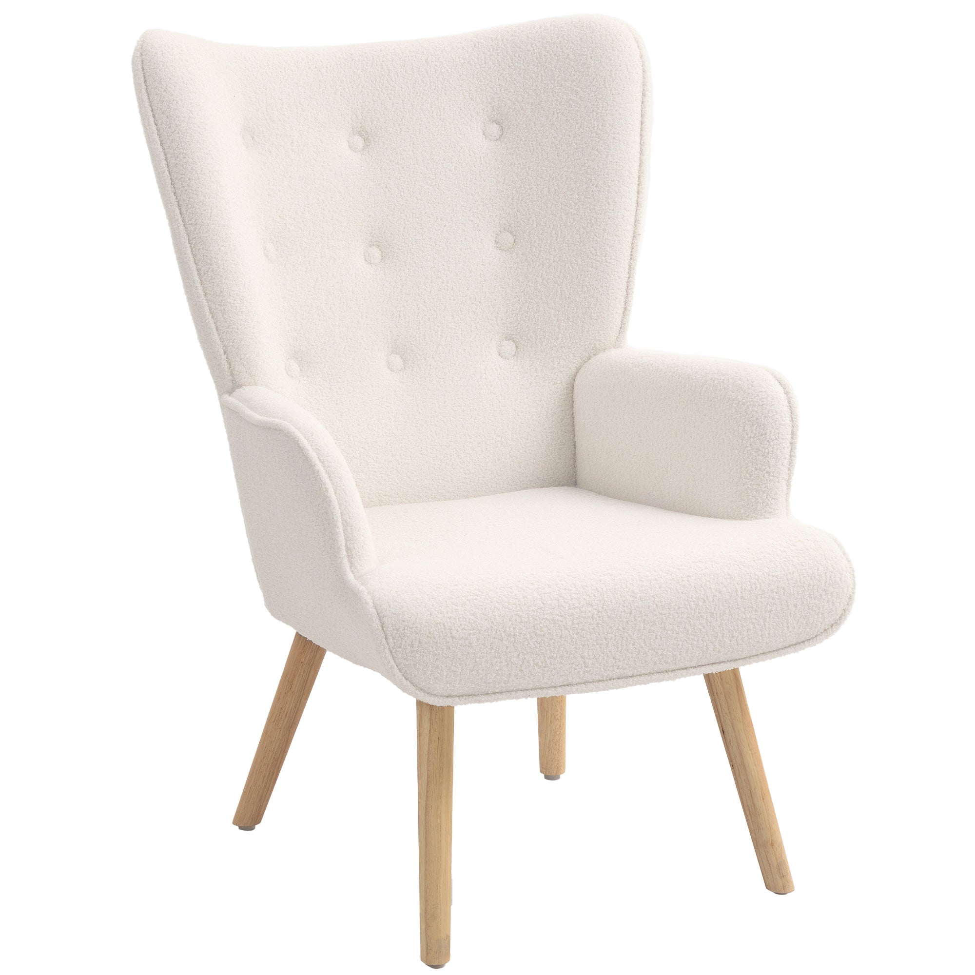 Boucle Fabric Lounge Chair, Modern Upholstered Armchair with Wooden Legs, Ergonomic Wingback and Button Tufted Design, for Dining Room, Living Room, Bedroom, Office, Beige