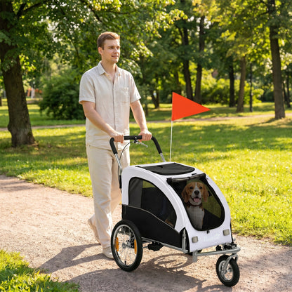 2-in-1 Dog Bike Trailer & Jogger for Small to Medium Dogs up to 44 lb — Foldable, 600D Oxford, Reflectors, Handbrake, Universal Coupling, White