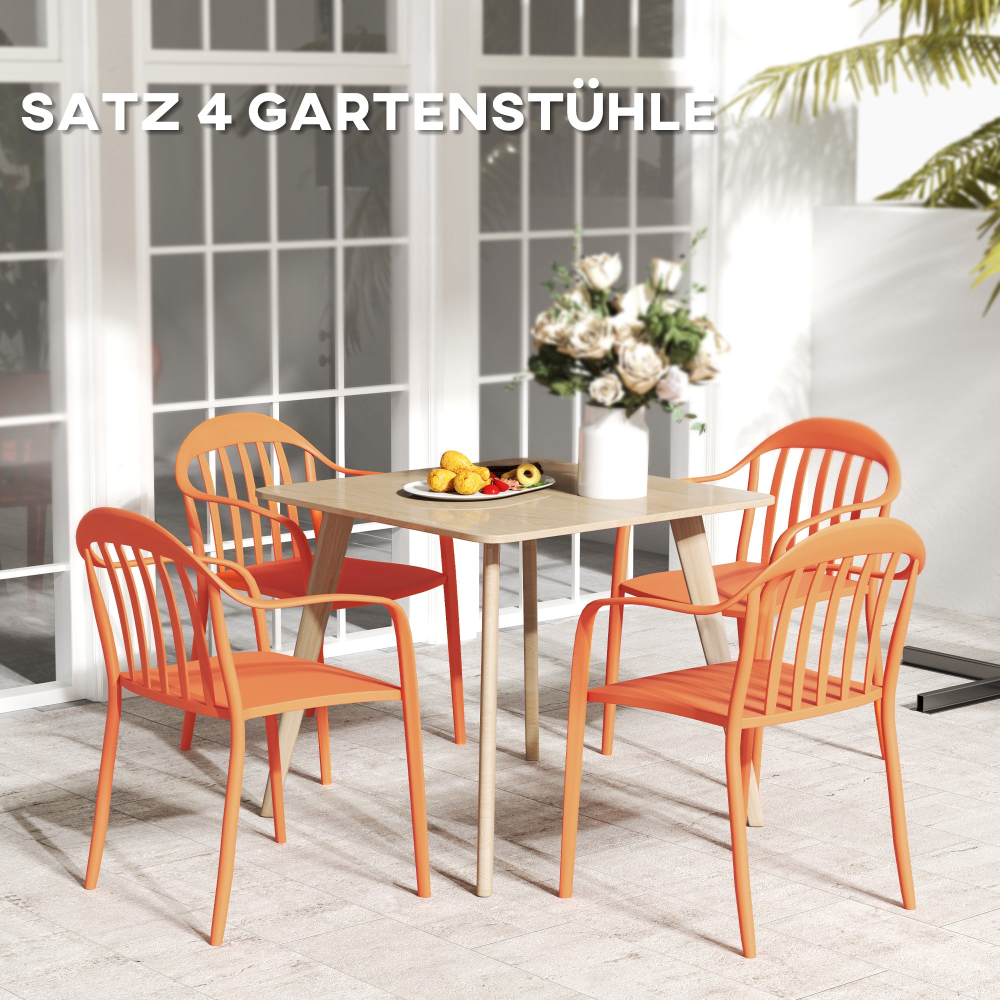 Garden Chair Set of 4 Weatherproof Plastic Garden Chairs with Armrests Backrest Stackable Patio Chair Holds up to 120 kg Load for Backyard, Garden, Balcony Red