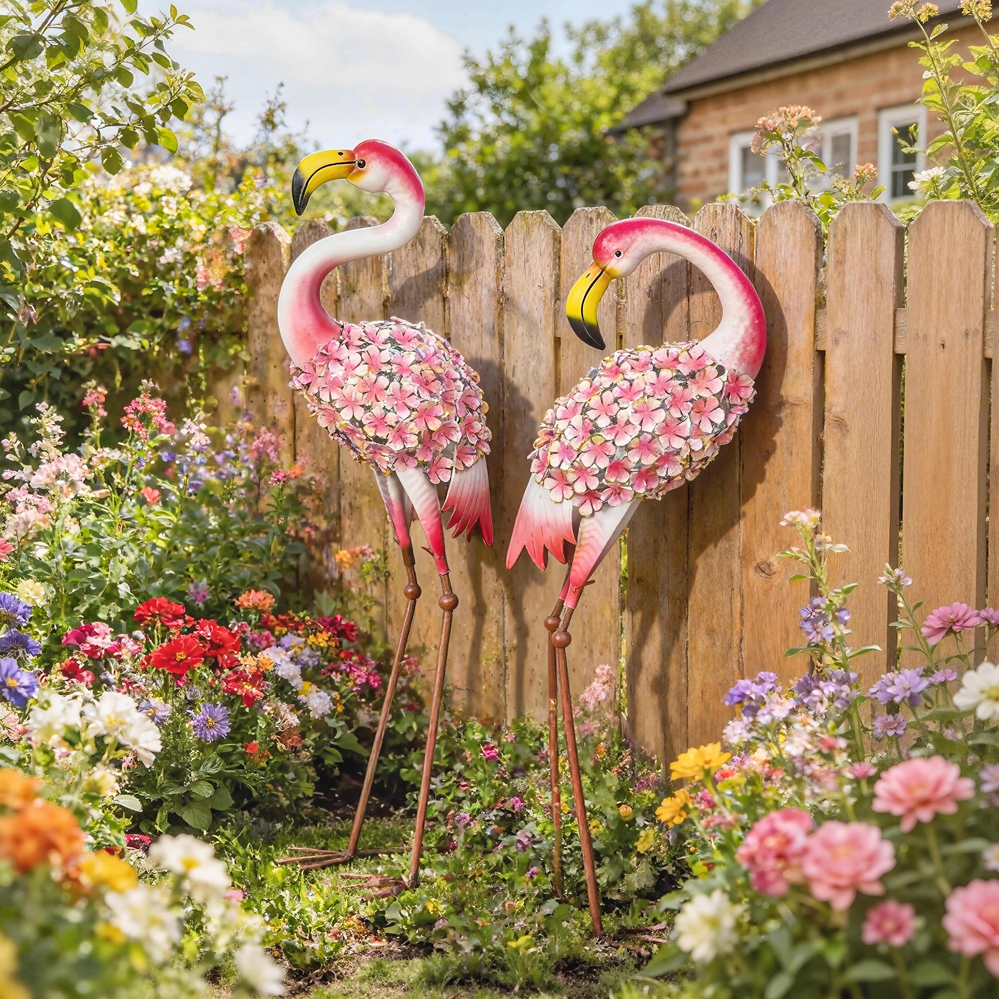 Flamingo Garden Statues Set of 2 — Metal Floral-Feather Birds with U-Stakes, Lawn & Pond Decorations, Red
