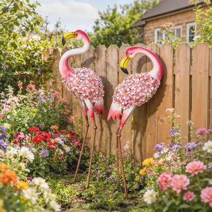 Flamingo Garden Statues Set of 2 — Metal Floral-Feather Birds with U-Stakes, Lawn & Pond Decorations, Red