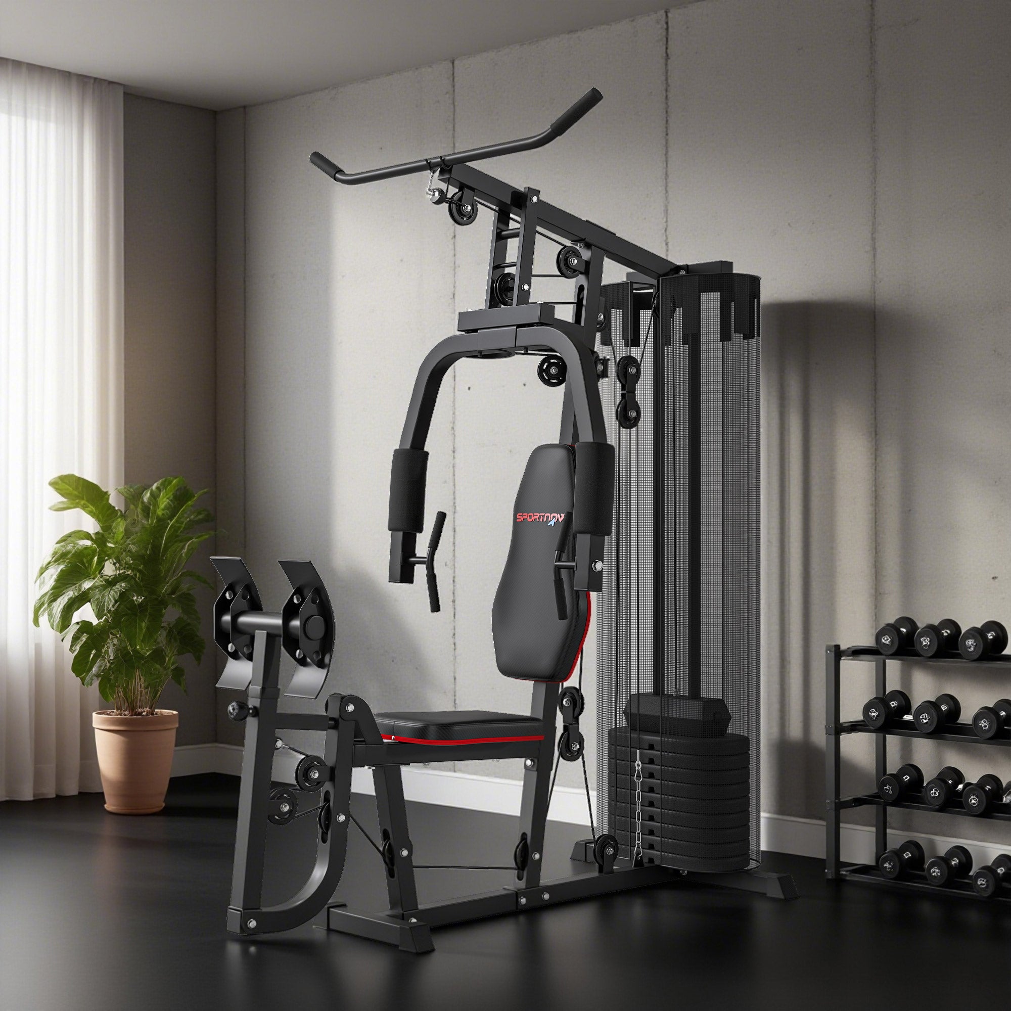 SPORTNOW Power Station, Multifunctional Fitness Station with Lat Pulldown & Butterfly Bar, Leg Press, Fitness Equipment with 45 kg Weight Blocks for Home, Black
