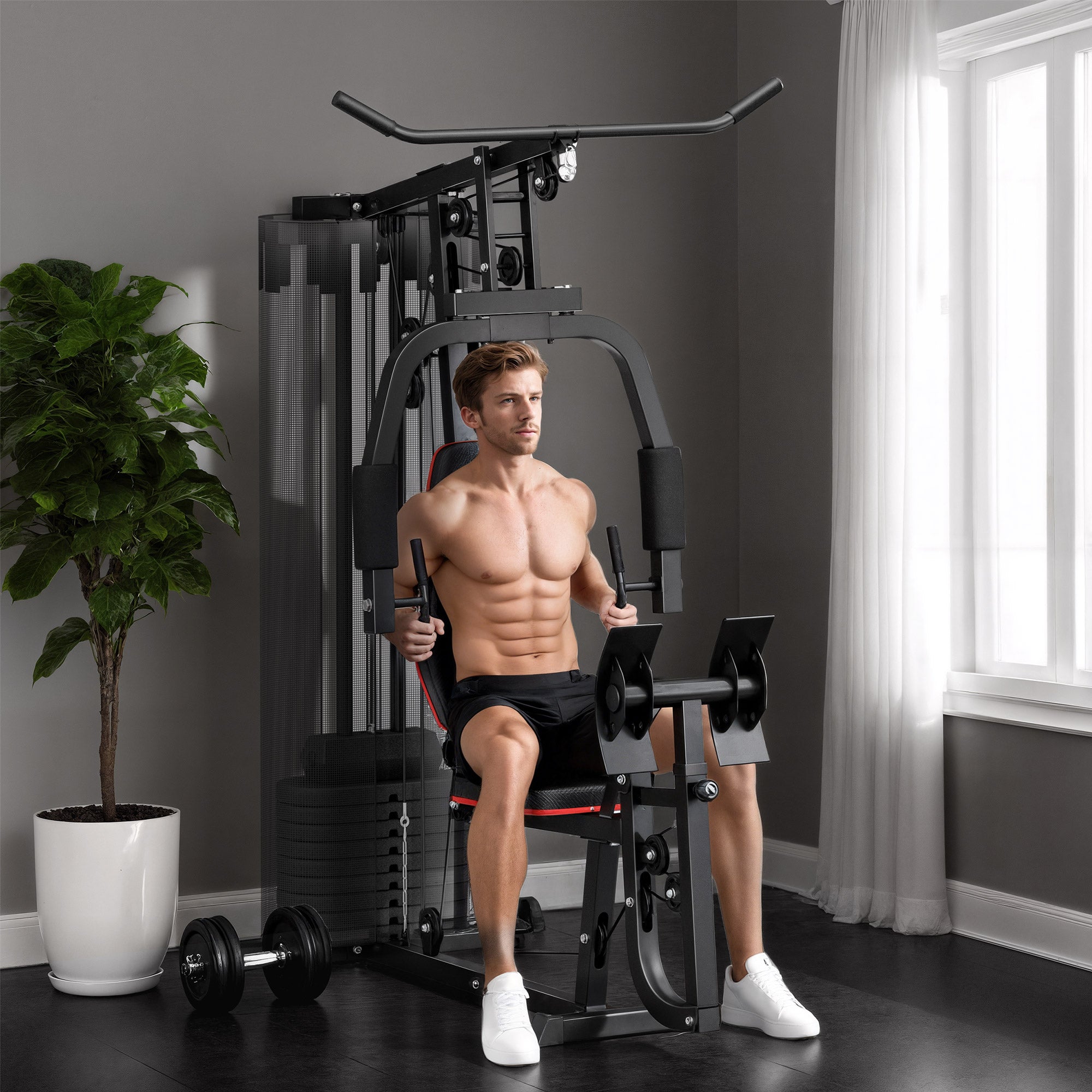 SPORTNOW Power Station, Multifunctional Fitness Station with Lat Pulldown & Butterfly Bar, Leg Press, Fitness Equipment with 45 kg Weight Blocks for Home, Black