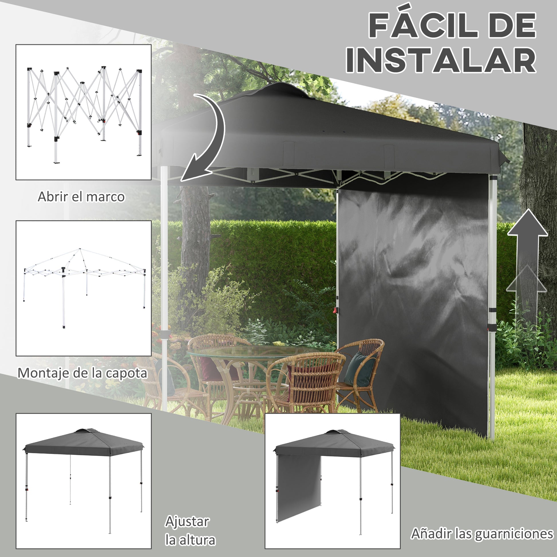 Foldable Gazebo 8.2x8.2 ft Garden Canopy with 1 Side Wall Adjustable Height in 3 Levels Anti-UV Waterproof and Sandbag Dark Gray