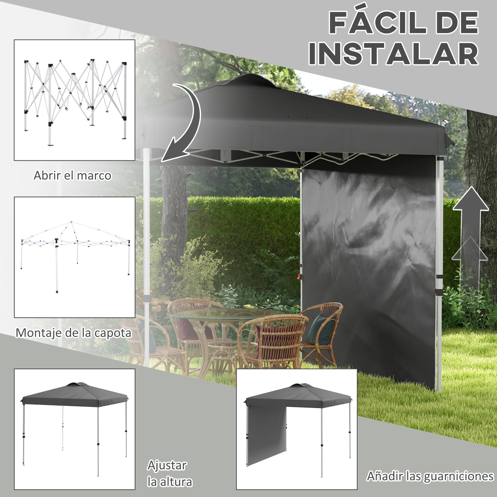 Foldable Gazebo 8.2x8.2 ft Garden Canopy with 1 Side Wall Adjustable Height in 3 Levels Anti-UV Waterproof and Sandbag Dark Gray